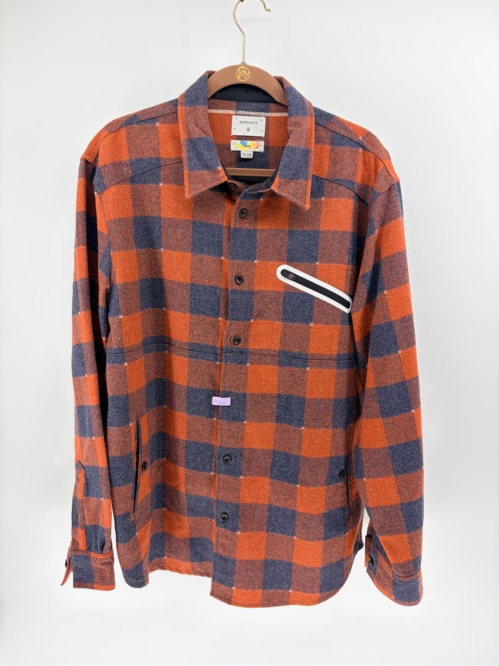 OurCaste Orange and Navy Plaid Flannel Wool Blend Button-Up -Large - Lumberjack